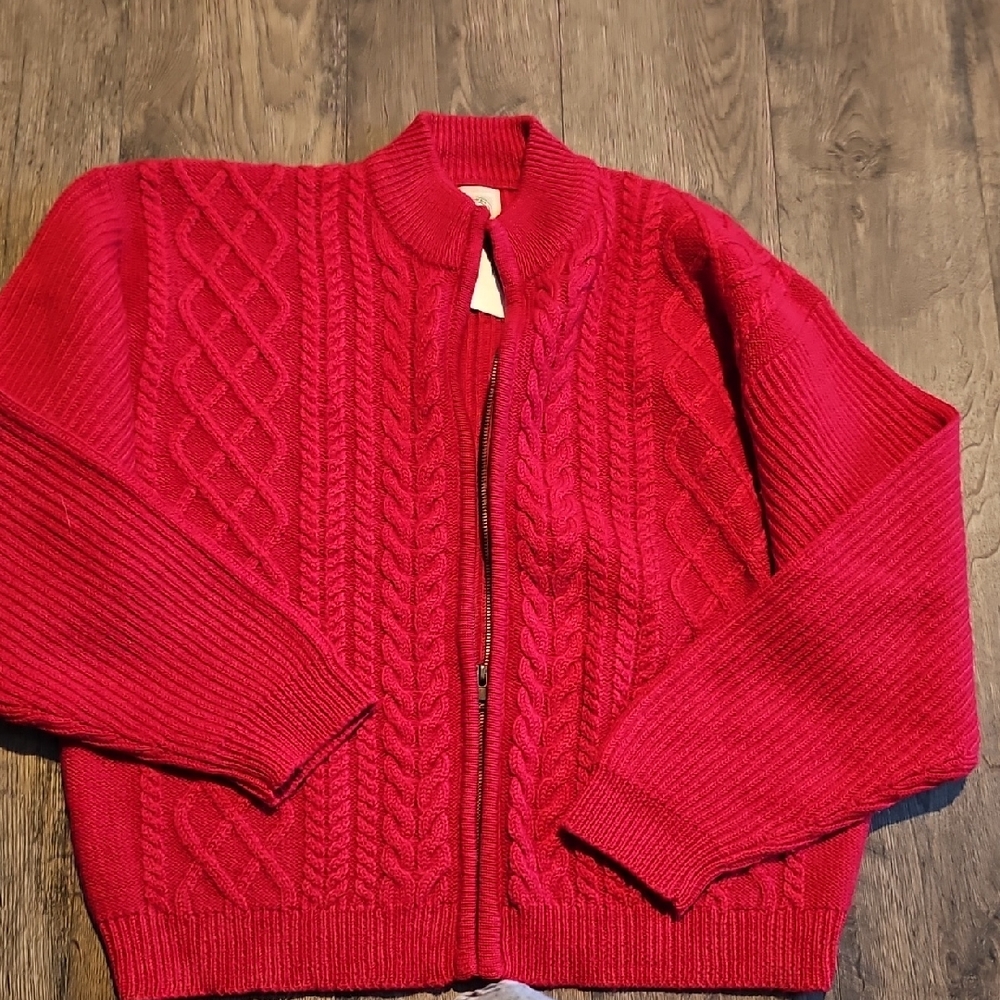 VINTAGE Bass 100 % WOOL Red Knit Cardigan Zipper Sweater Medium Retro Unisex